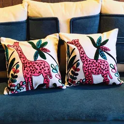 TheYUGO Off White & Pink 2 Pieces Embroidered Square Cotton Cushion Covers-picture-30