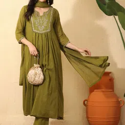 Sangria Women Ethnic Motifs Embroidered Panelled Thread Work Pure Cotton Kurta with Trousers & With Dupatta-picture-46