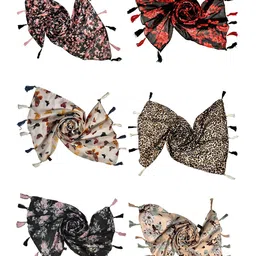 POSHAMPAA be desi Women Set of 6 Animal Printed Scarfs With Tasselled Border image 2