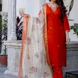 MEHZEEL FAB Women Floral Embroidered Kurta with Trousers & Dupatta-image-3