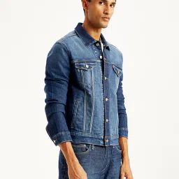 levi's Men's Solid Navy Spread Collar Trucker Denim Jacket image 5