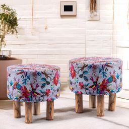 Ikiriya 2-Pcs Grey & Pink Embroidered Round Ottomans-picture-14