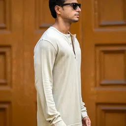 maniac Men Solid Henley Neck Cotton Blend Beige T-Shirt image 3