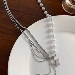 FIMBUL Silver-Plated Artificial Stones Beaded Pearls & Butterfly Layered Minimal Necklace-picture-25