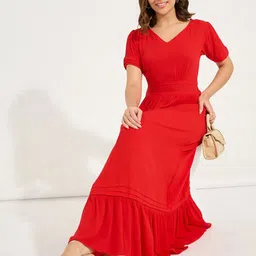 Styli Red V-Neck Puff Sleeves Tiered & Gathered Detail Maxi Dress image 1