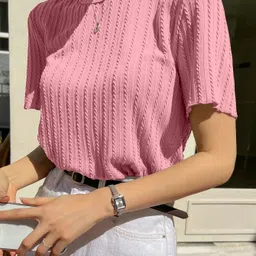 tees hub Casual Regular Sleeves Self Design Women Pink Top-picture-28