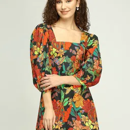 IZEL Women Square Neck Puff Sleeve A-Line Dress image 1