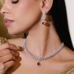 Rubans Rhodium-Plated Cubic Zirconia & Ruby Red Stone Studded Drop Necklace Set-picture-37