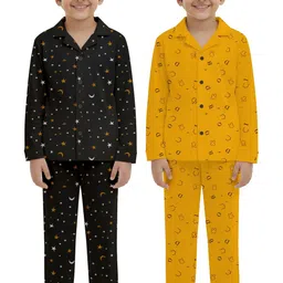 Fasha Unisex Kids Set Of 2 Black & Mustard Printed Shirt With Pyjama Clothing Set image 1