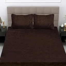 FABINALIV Coffee Striped 300 Tc Woollen King Size Fitted Double Bedsheet With 2 Pillow Covers-image-25