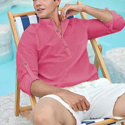 AMRIT TOP WEAR Men Solid Mandarin Collar Roll Up Sleeves Above Knee Kurta image 2