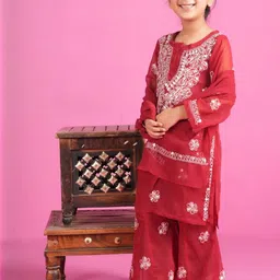 KHAKA Girls Ethnic Motifs Embroidered Regular Mirror Work Kurta with Sharara & Dupatta image 4