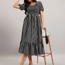 Jash Creation Striped Puff Sleeve Crepe A-Line Midi Dress-picture-10