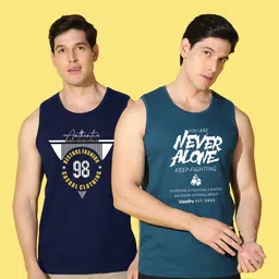 WOOSTRO Men Pack of 2 Typography Printed Round Neck Cotton Slim Fit Sports T-shirts image 2