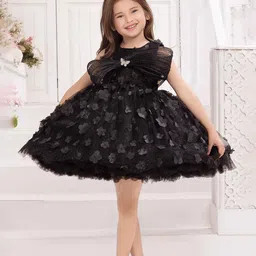 Lagorii Girls Embellished Bow Round Neck Net Fit & Flare Dress-image-61