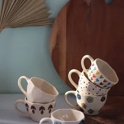 WEAVING HOMES White & Blue 6 Pieces Printed Ceramic Glossy Mugs 220ml image 1