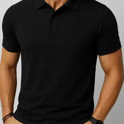 alan Men Solid Polo Neck Polyester Black T-Shirt image 1