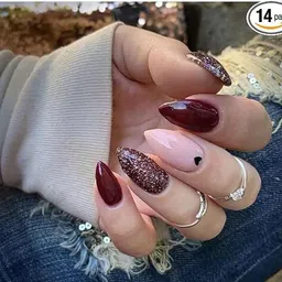 bellahugz Glossy Short Almond Dark Maroon&&Short Square Maroon Glitter With Free Glue Kit-picture-23