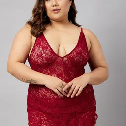 Curves By ZeroKaata Women Plus Size Self Design Lace Baby Doll With Thong Briefs-picture-11