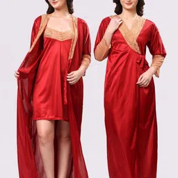 NIGHT KEYS Maroon Satin Maxi Solid Nightdress-picture-34