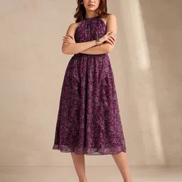 Outzidr Women Floral Print Halter Neck Sleeveless Ruffled Ruched Fit & Flare Midi Dress-image-81