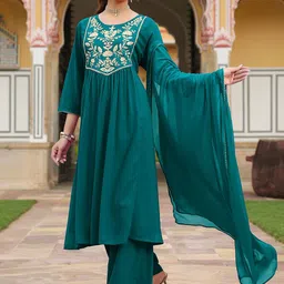 Janasya Teal Green Women Georgette Floral Embroidered A-line Kurta & Palazzos With Dupatta image 2