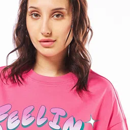 Bewakoof Women Official Disney Merchandise Pink Feelin Bougie Printed Oversized T-shirt image 2