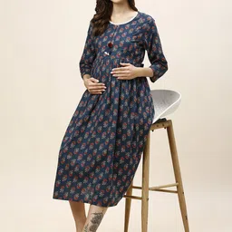 MomToBe Women Pure Cotton Maternity Fit and Flare Ethnic Dress-image-18