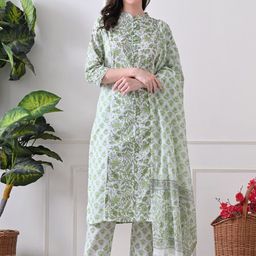HERE&NOW Floral Printed Mandarin Collar Pure Cotton Kurta & Trousers With Dupatta-picture-33