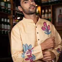 Shasak Men Floral Printed Band Collar Cotton Kurta image 3
