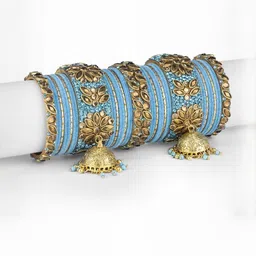 Mamon Creations Set Of 38 Gold-Plated & Turquoise Blue Alloy Bangles-picture-21