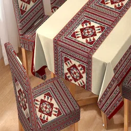 HOKIPO Maroon & Beige 5 Pieces Printed Dining Chair Cover With Matching Tablecloth image 2