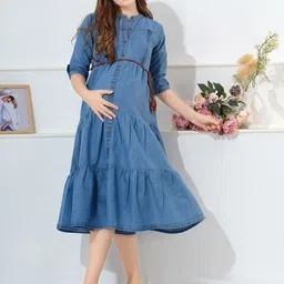 EASY MOM Women Tiered Maternity A-Line Midi Dress-image-1