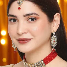fabula Kundan Studded And Beaded Layered Choker Necklace And Earrings With Maangtikka-picture-27