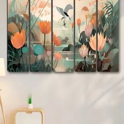 Aura Beige & White 5 Piece Synthetic Wood Floral and Botanical Wall Paintings-image-10