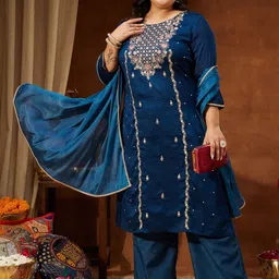 Janasya Women Floral Embroidered Regular Sequinned Kurta with Trousers & With Dupatta-image-75