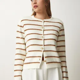 Happiness istanbul Women Striped Ribbed Long Sleeves Cardigan-picture-32