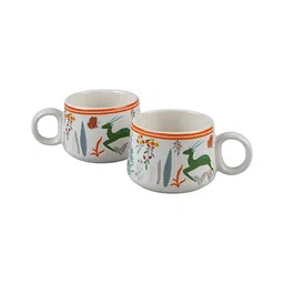 Aura White & Green Printed Ceramic Glossy Cups Set of Cups and Mugs image 5