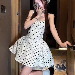 bebe Women Polka Dot Printed Lace Inserts Shoulder Straps Fit & Flare Mini Dress-picture-15