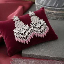 TESSARA Silver-Plated Artificial Stones Studded And Beaded Floral Shaped Drop Earrings image 2