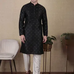 Koshin Floral Woven Design Mirror Work Mandarin Collar Straight Kurta With Pyjamas image 3