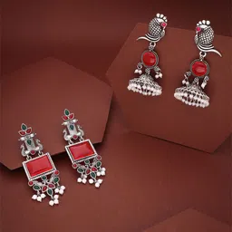 DIVASTRI Set Of 2 Silver-Plated Artificial Stones Studded Oxidised Dome Shaped Jhumkas-picture-22