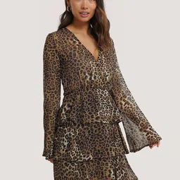 The Roadster Lifestyle Co Animal Printed Bell Sleeves Layered Wrap Dress image 2