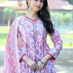 Anouk Women Floral Printed Thread Work Pure Cotton Kurta with Trousers & With Dupatta image 2