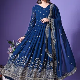 Wedani Floral Embroidered Sequined Georgette Maxi Fit and Flare Ethnic Dress With Dupatta-picture-17