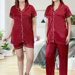 Clothus Women Maroon Satin Printed Night suits-image-31