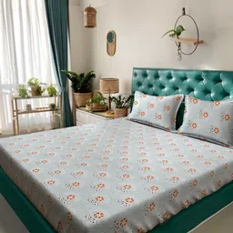 Myntra Elegant Homes Grey & Orange Floral Pure Cotton 400 TC King Bedsheet Set-2.5mX2.25m-picture-13
