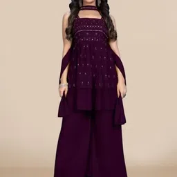 PARROT CREATION Floral Embroidered Sequinned Georgette Kurti With Palazzos And Dupatta-picture-18