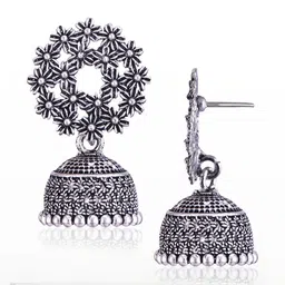 Sangria Set Of 6 Silver Plated Oxidized Jhumka Earrings image 3