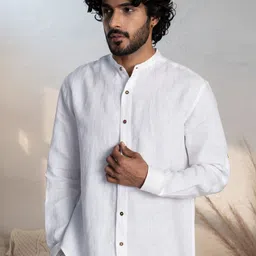 Canoopi Men Comfort Fit Solid Mandarin Collar Linen Casual Shirt-picture-22